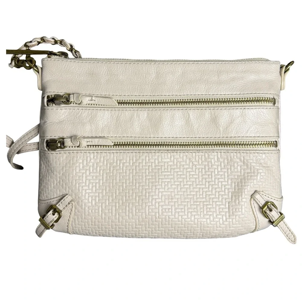 Elliott Lucca Cream Leather Crossbody Bag Triple Zip Chain Strap Woven Small Y2K